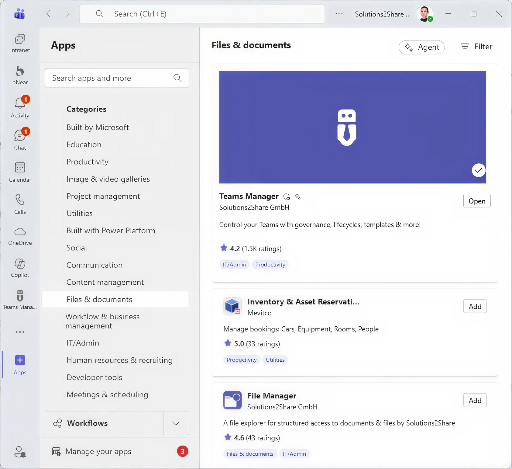 Teams Manager listing in the Microsoft Teams App Store with a 4.2 rating