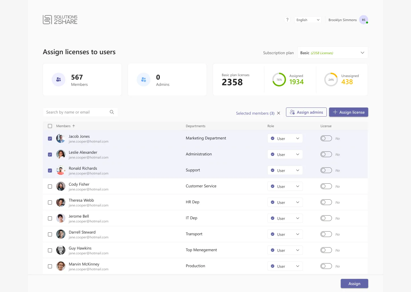 Licensing portal with three members selected and the assign actions enabled
