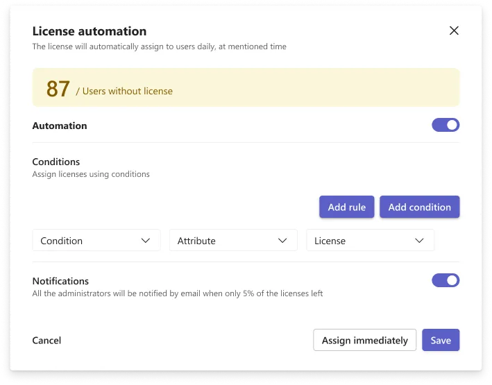 License automation dialog with the automation toggle on and a single condition row