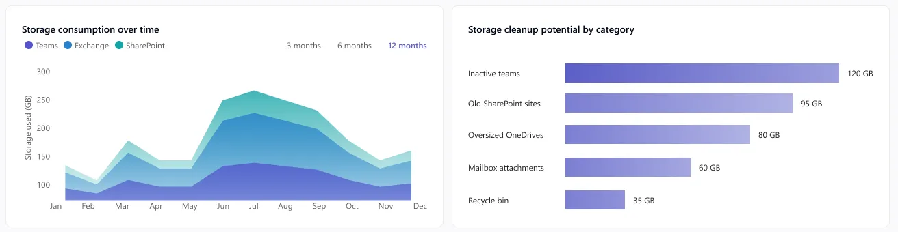 Storage consumption over time beside storage cleanup potential by category