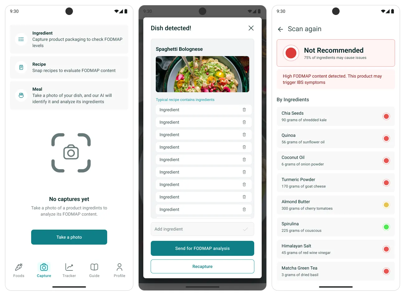 Capture modes and empty state, detected dish with editable ingredients, and the analysis result