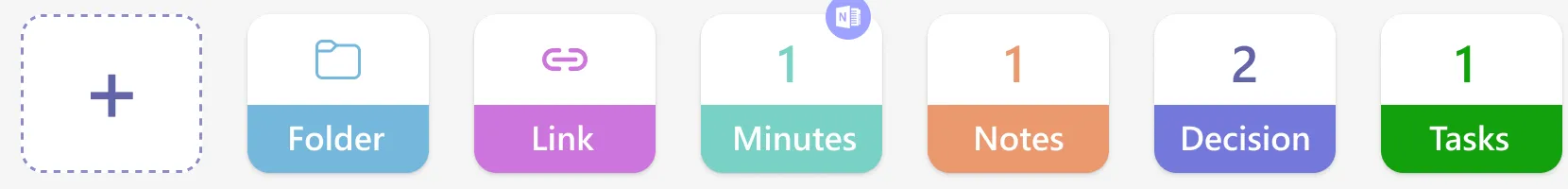 Colour-coded chips for folder, link, minutes, notes, decision and tasks, with an empty add tile