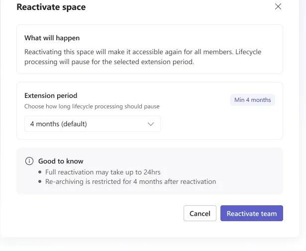 Reactivate space dialog with an extension period