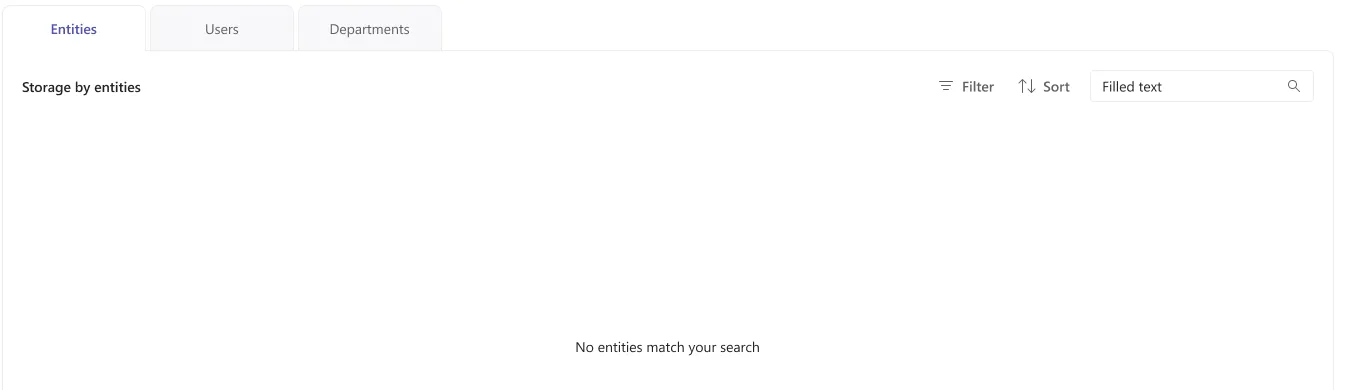 Empty state: no entities match your search, with the filter and sort controls still available