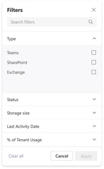 Filter panel with type, status, size and date facets