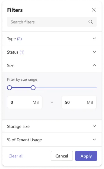 Size filter with a two-handle range slider