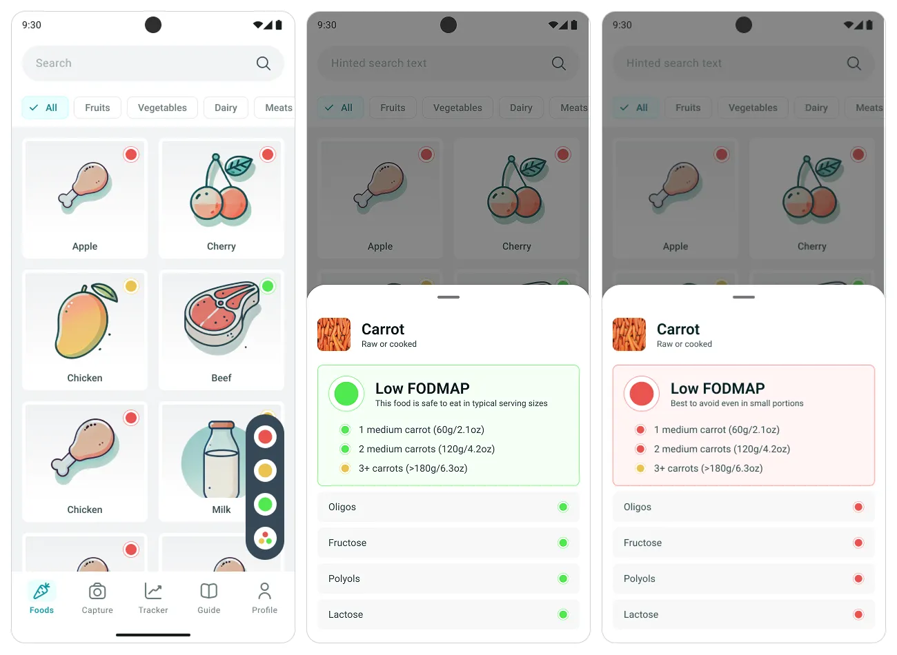 Food library, the green verdict sheet and the red verdict sheet, with numbered hotspots