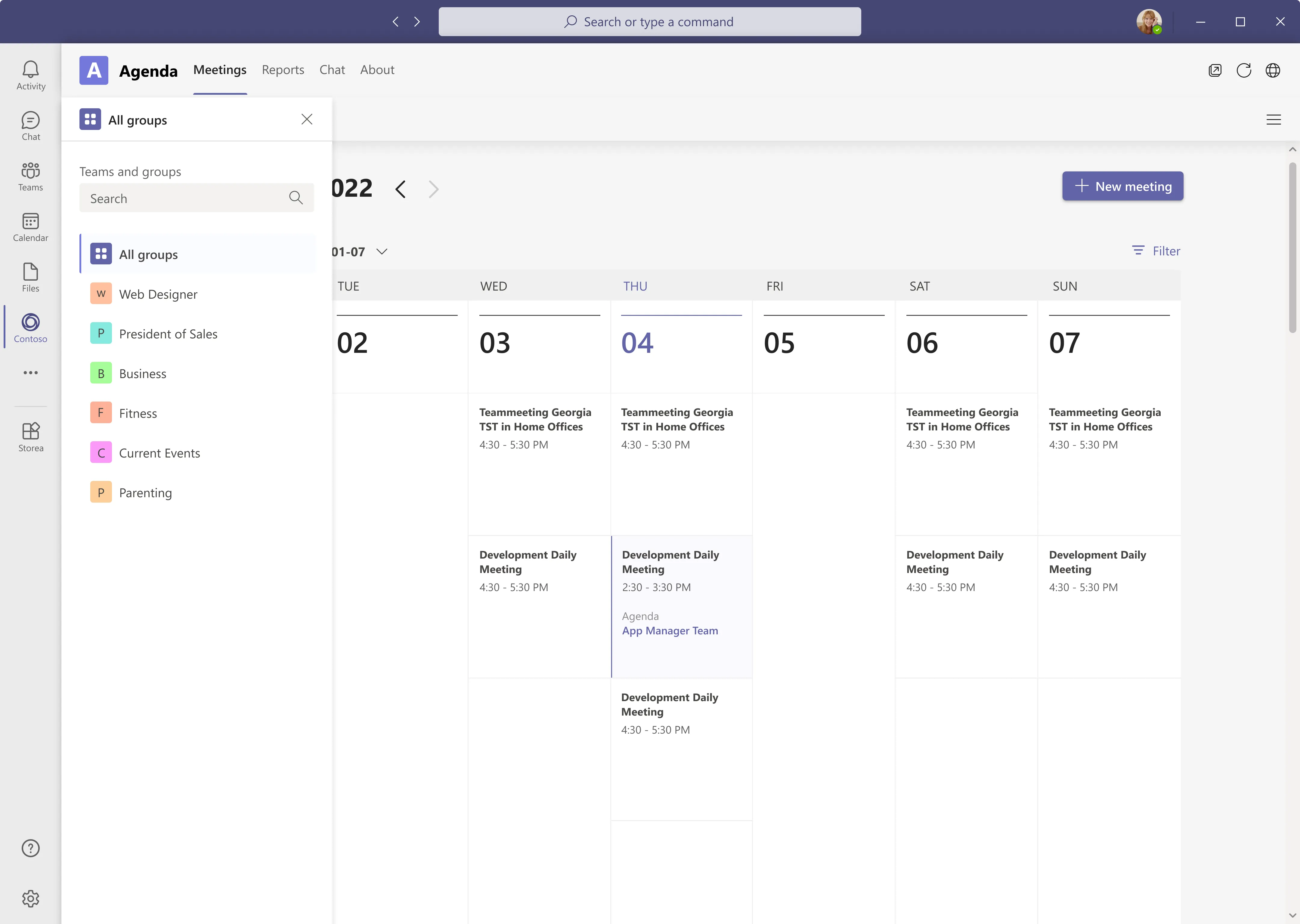 Teams and groups panel listing all groups, web designer, president of sales, business and others