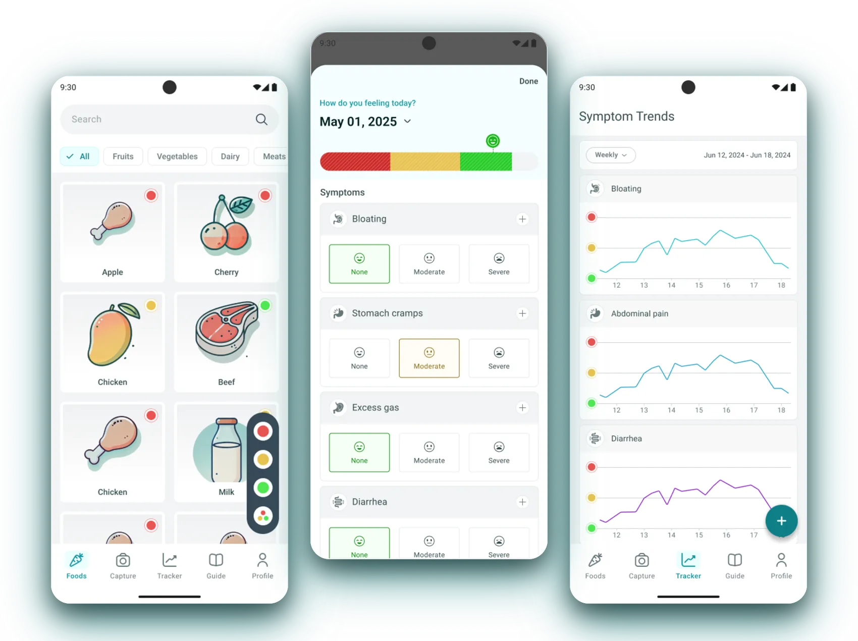 Three screens of the IBS management app