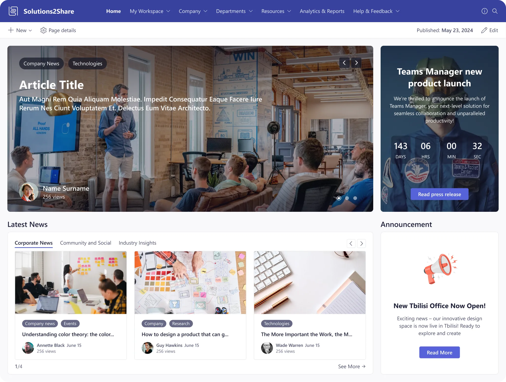 Solutions2Share Intranet home page
