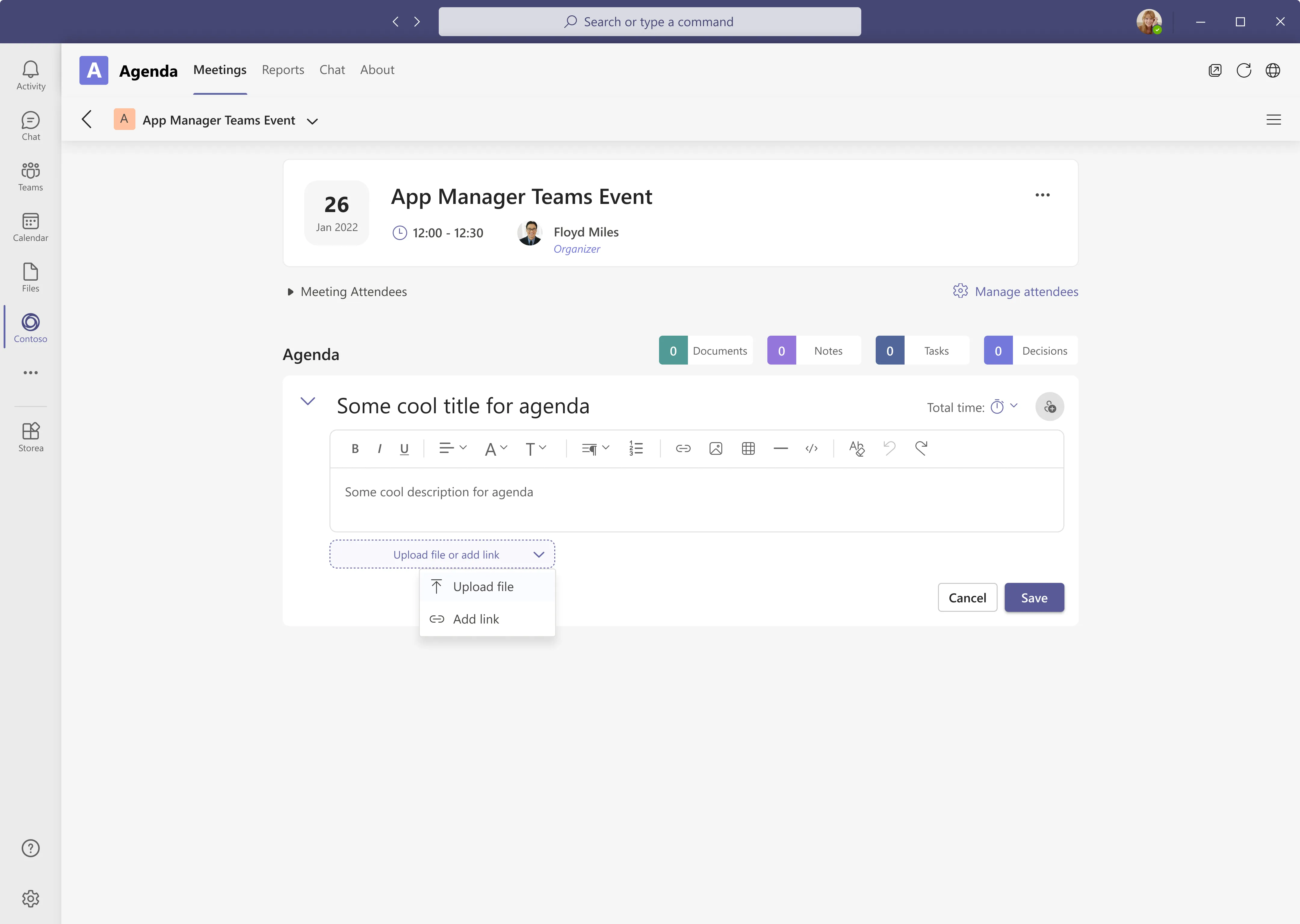 Agenda item editor with a rich text description and an upload file or add link menu open