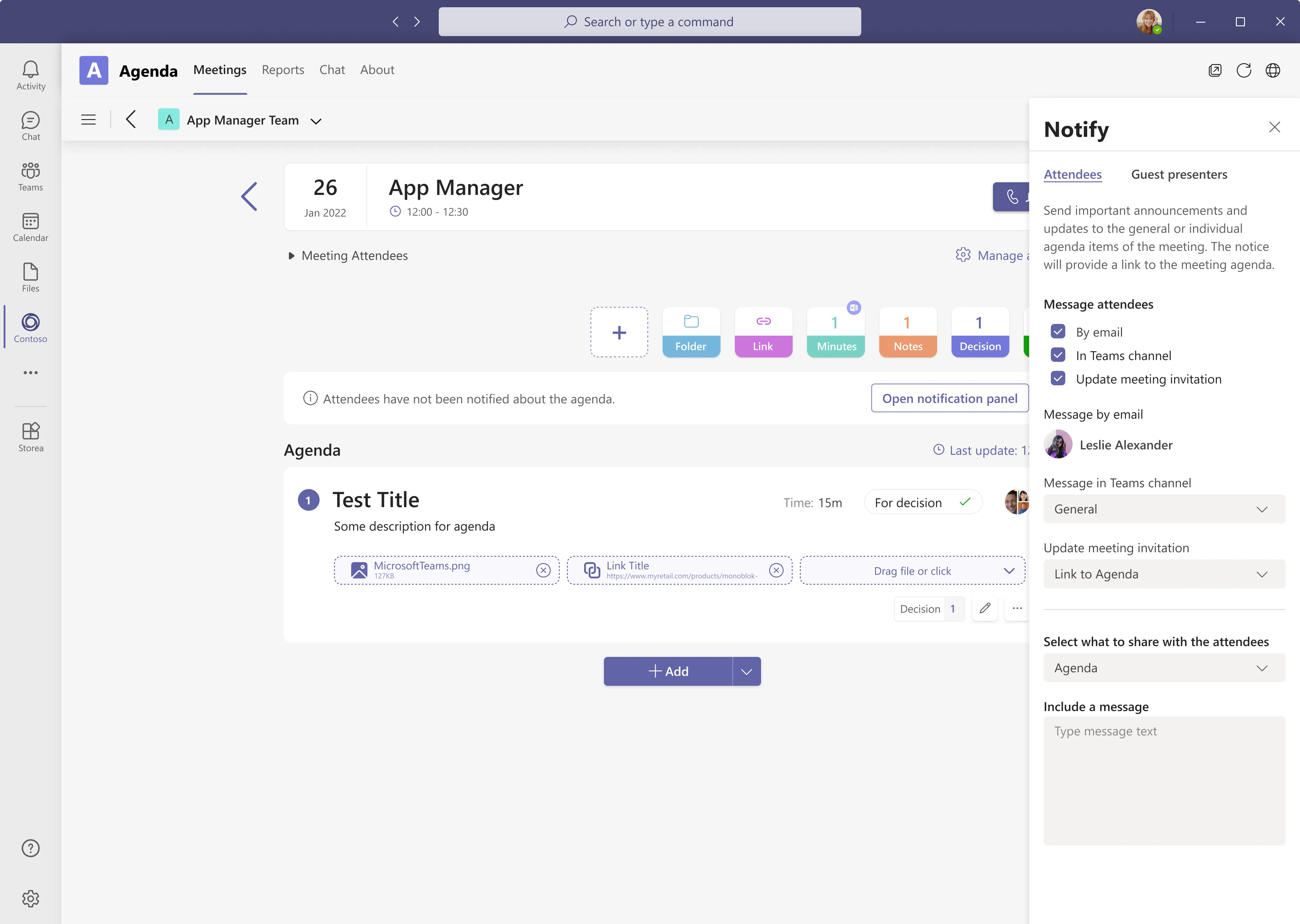 Notify panel with email, Teams channel and meeting invitation options, and a message field