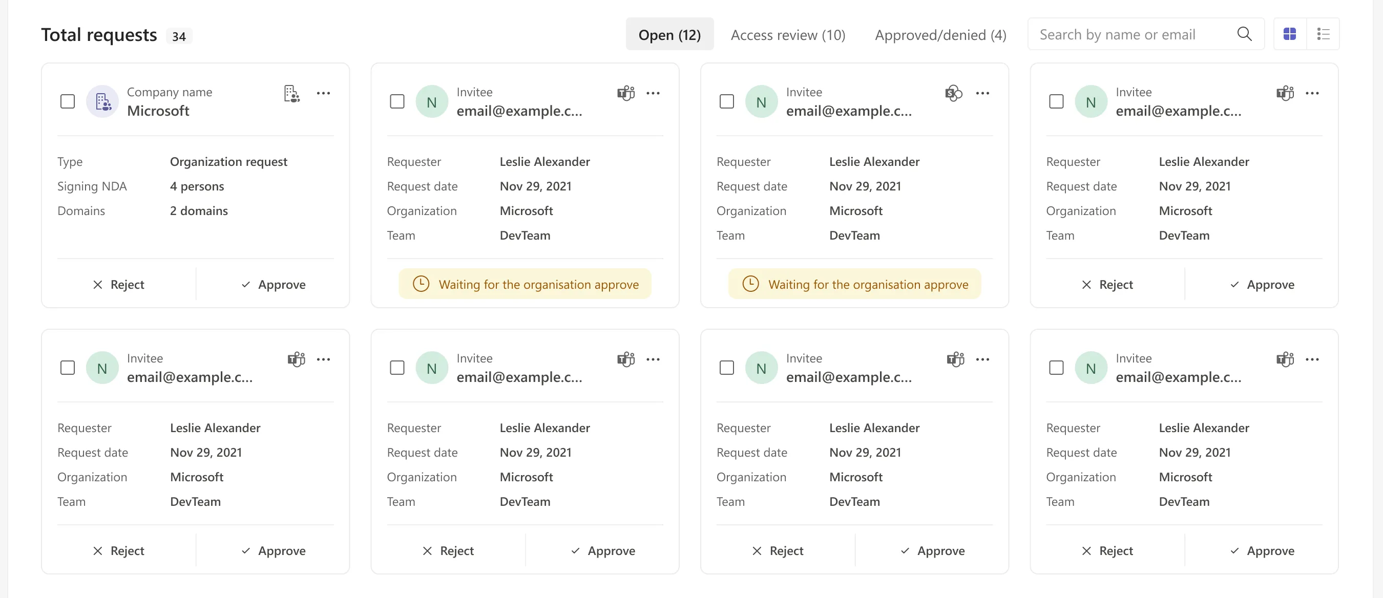 Request queue as cards, each with requester, date, organisation, team and reject or approve