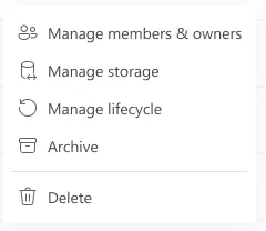 Row actions: manage members and owners, storage, lifecycle, archive, delete