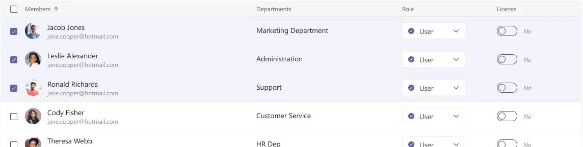 Member rows with three selected, tinted, and showing department, role and license columns