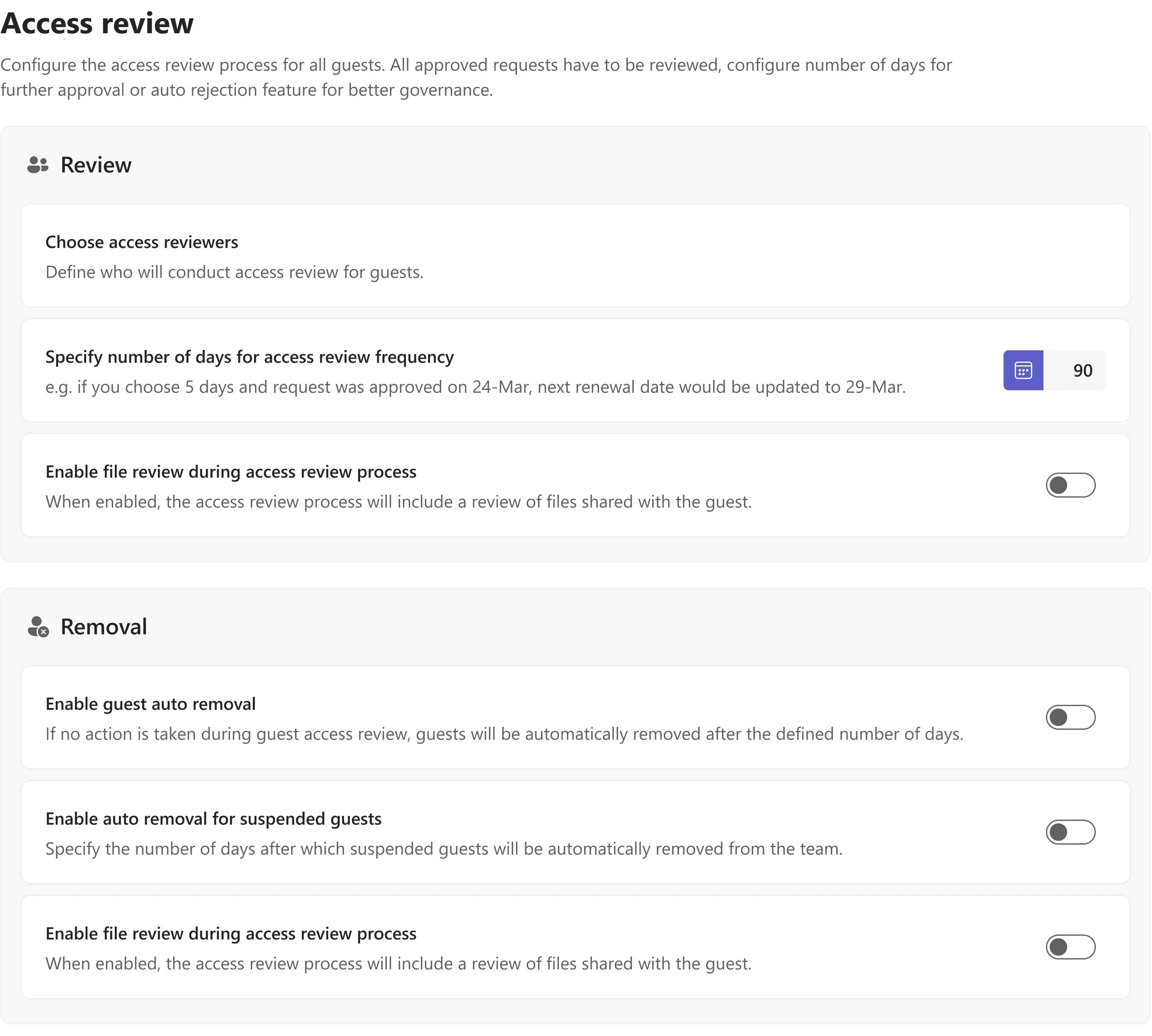 Access review settings with review frequency in days and guest auto removal toggles