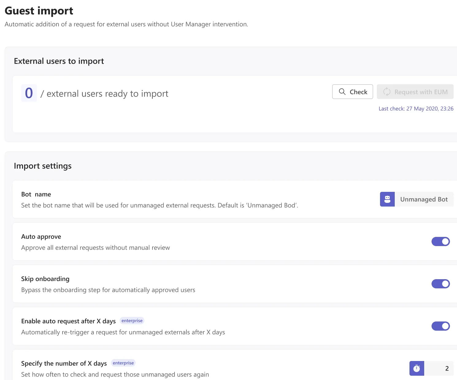 Guest import settings with a check counter, auto approve, skip onboarding and import history
