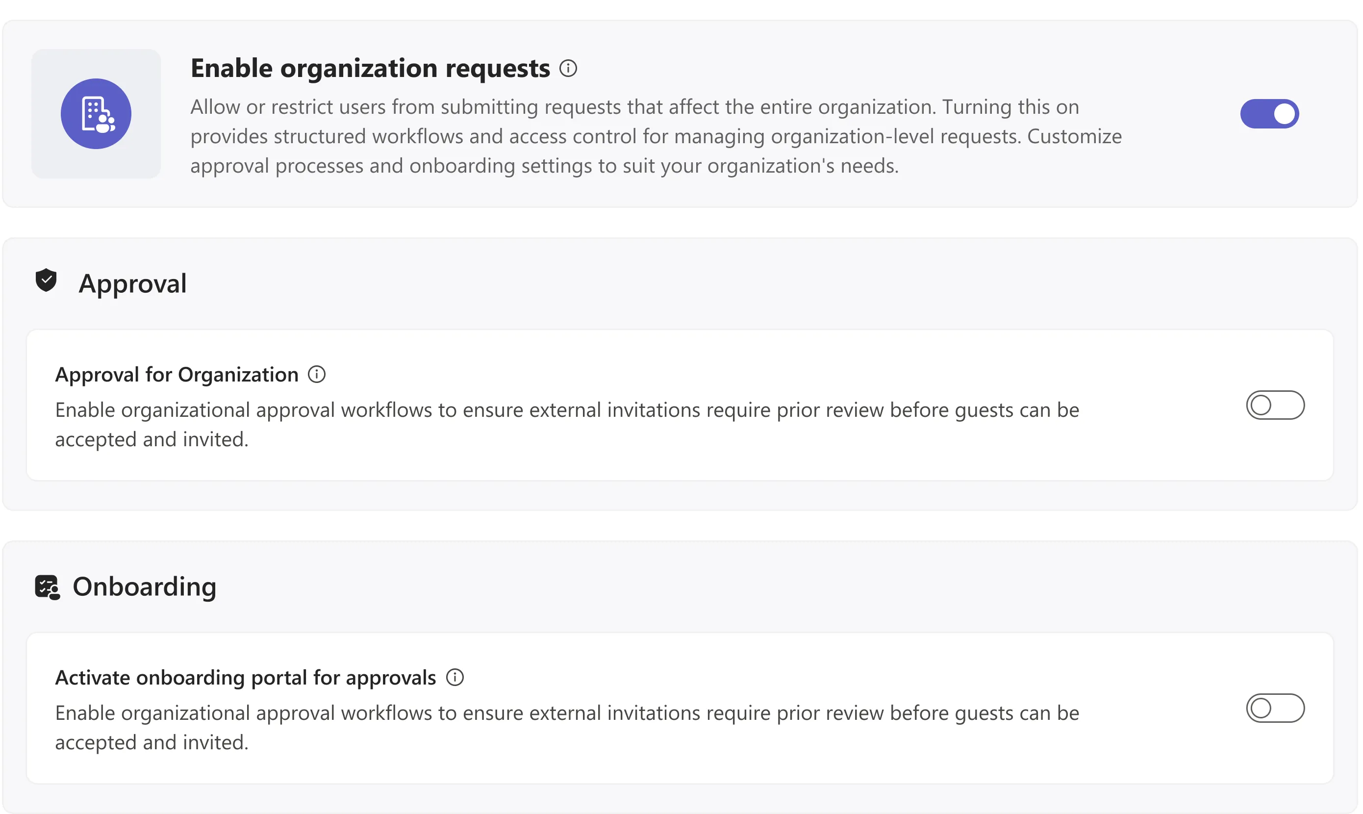 Organization requests setup with approval, onboarding, invitation and permission blocks