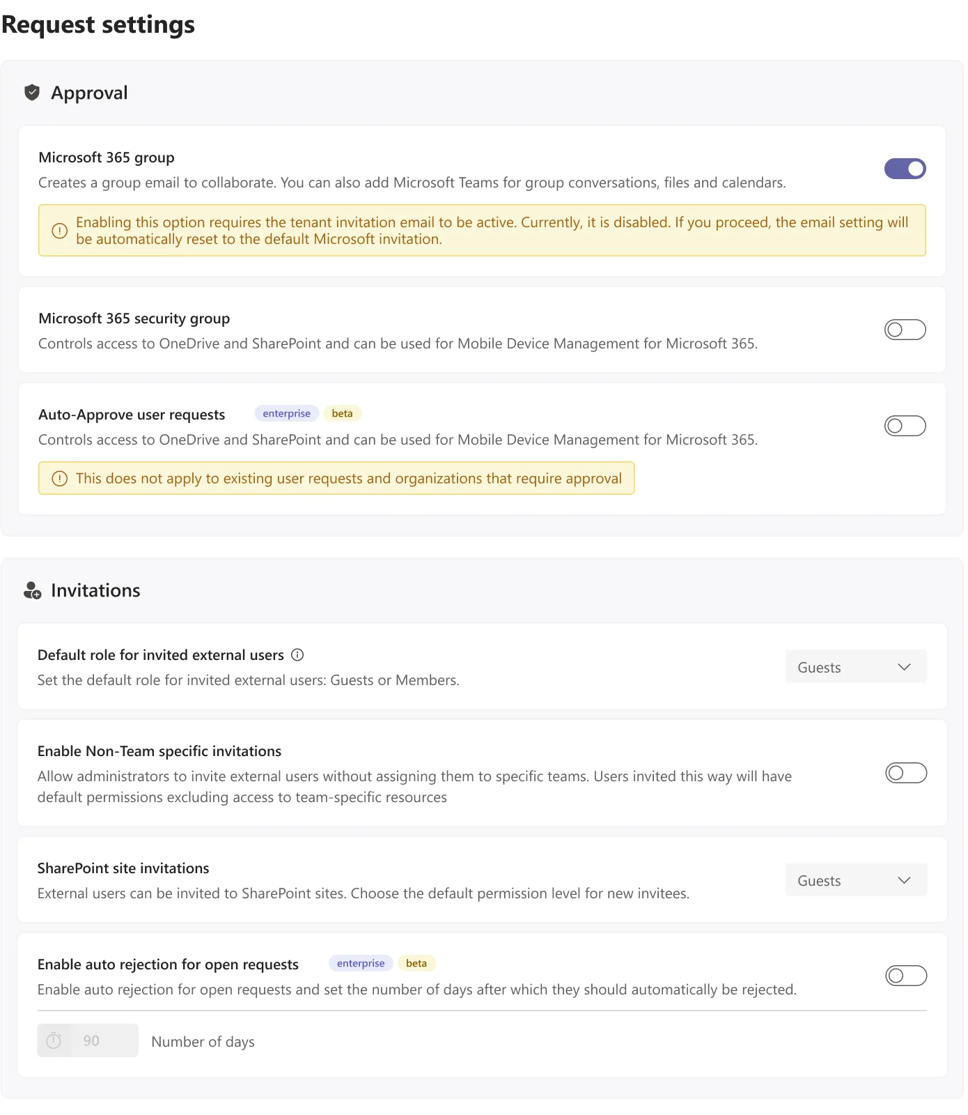 Request settings with approval toggles, inline warnings and invitation defaults