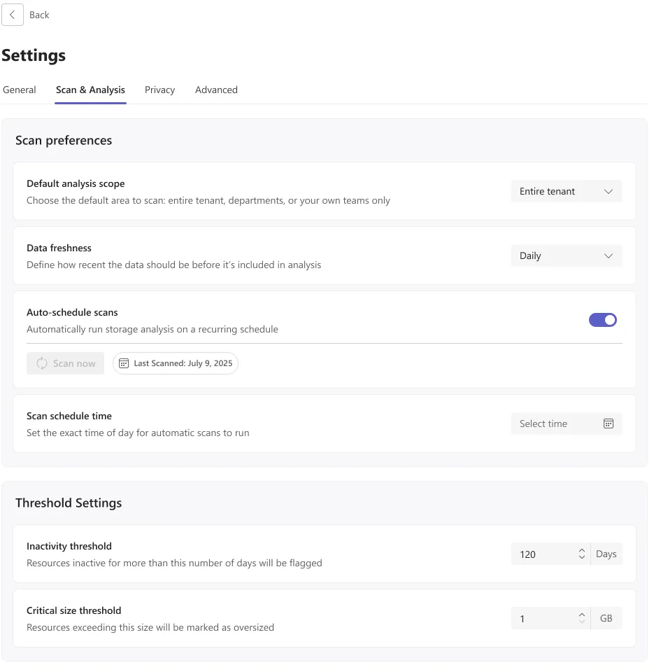 Scan and analysis settings: default scope, data freshness, auto-scheduled scans and inactivity and size thresholds