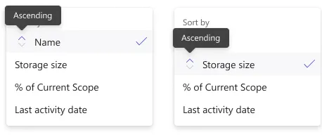 Sort menu with ascending and descending states
