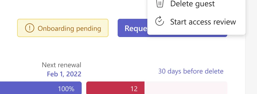 Onboarding pending badge with the guest actions menu open