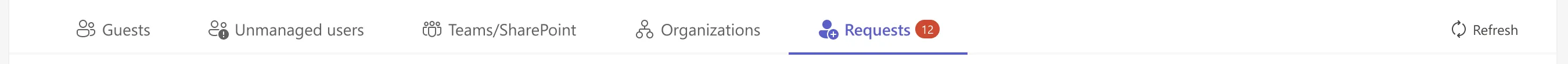 Tab row: Guests, Unmanaged users, Teams/SharePoint, Organizations and Requests with a count badge