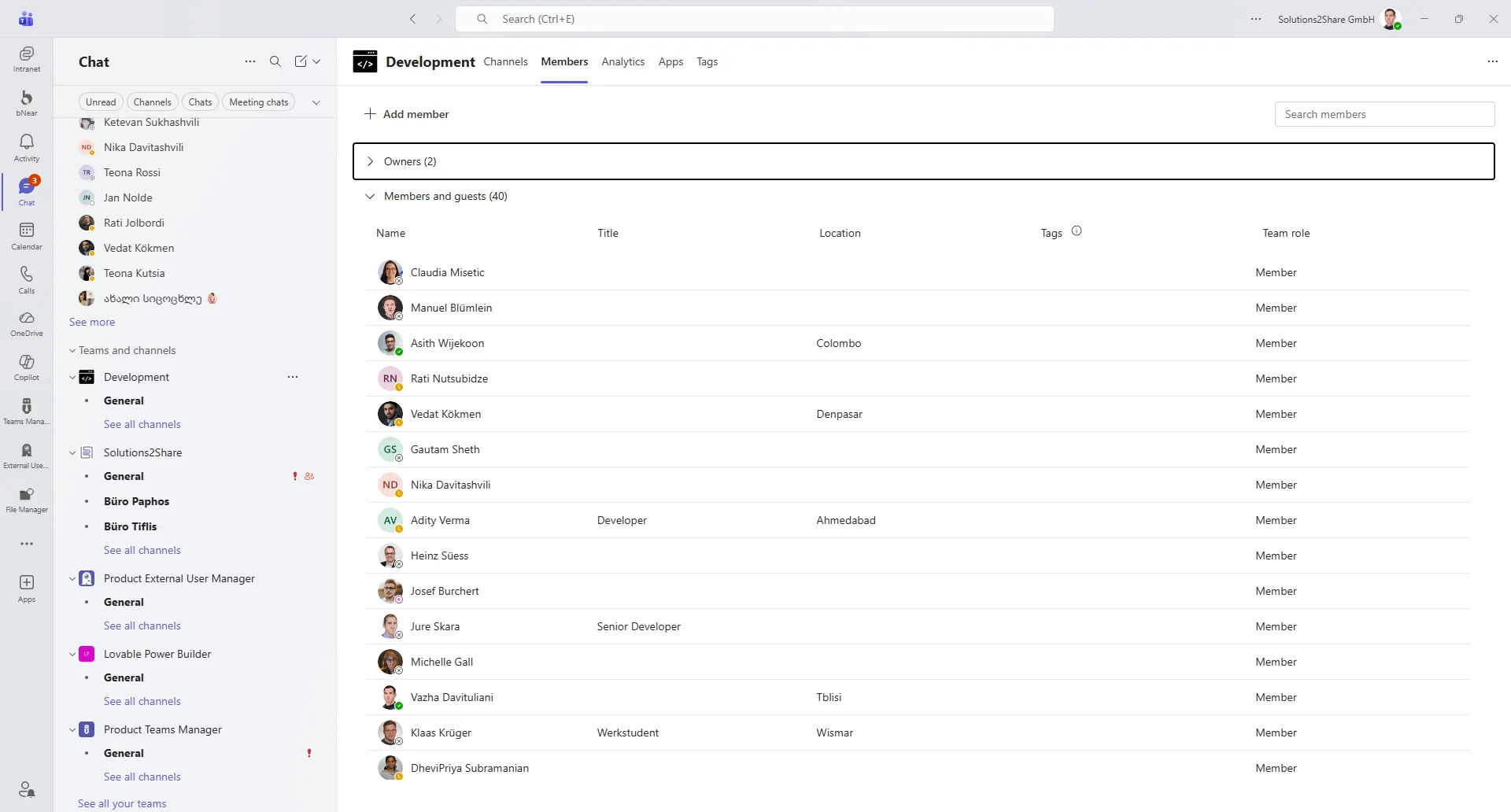 Default Teams profile, Channels tab